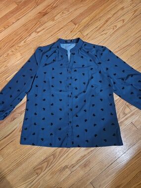 SHEIN Teal Button-Up Blouse with Black Heart Print Size 3x